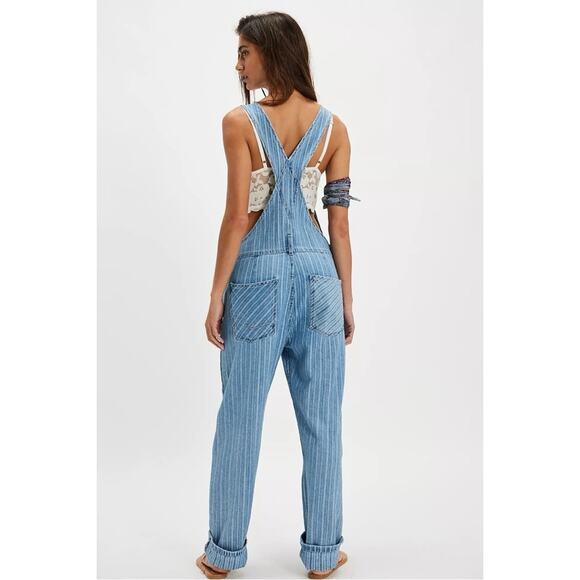 Free People Ziggy Striped Overalls Beachcomber Railroad Bohemian Coastal Medium - Picture 5 of 13